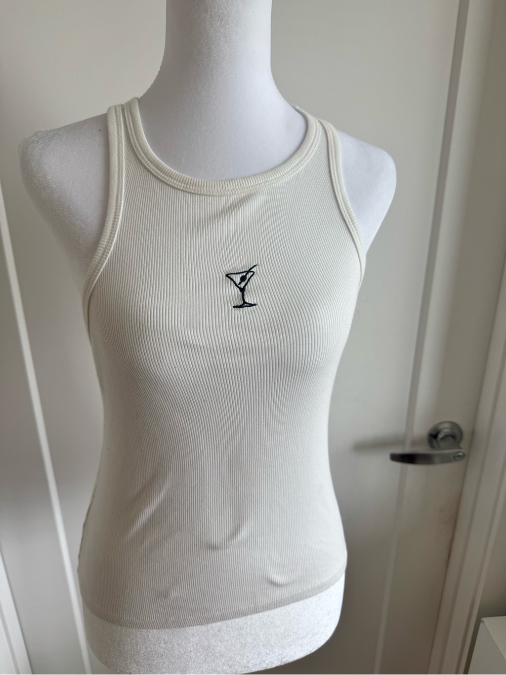 Reformation white Ribbed Racerback Tank Top with Martini Embroidery